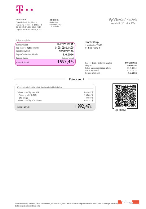 Czech Republic T Mobile business  utility bill Word and PDF template (2) PSD template